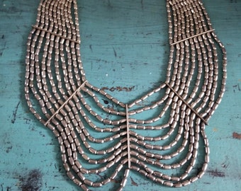 Silver metal alloy blend beaded layered necklace, Silver bead collar necklace, Vintage Silver metal bead bib necklace multi tiered necklace