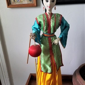 Chinese Doll, 1990's Colorful Chinese Doll, Asian Doll, Tall Asian Doll, Vintage Asian doll, Chinese doll with pom pom image 2