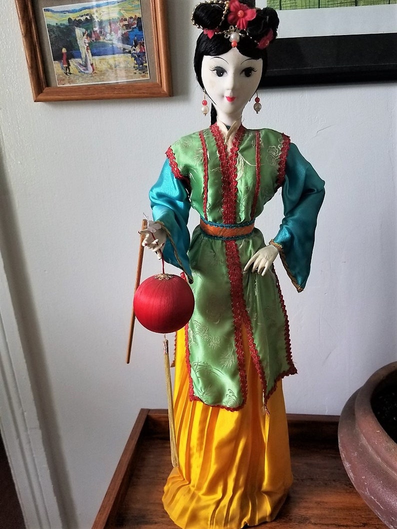 Chinese Doll, 1990's Colorful Chinese Doll, Asian Doll, Tall Asian Doll, Vintage Asian doll, Chinese doll with pom pom image 2