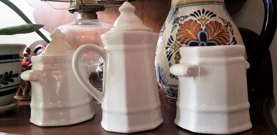 Pfaltzgraff heritage white ceramic 3 piece set, Pfaltzgraff creamer sugar and spoon holder with lids, White Pfaltzgraff heritage 3 piece set