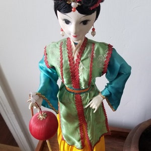 Chinese Doll, 1990's Colorful Chinese Doll, Asian Doll, Tall Asian Doll, Vintage Asian doll, Chinese doll with pom pom image 6