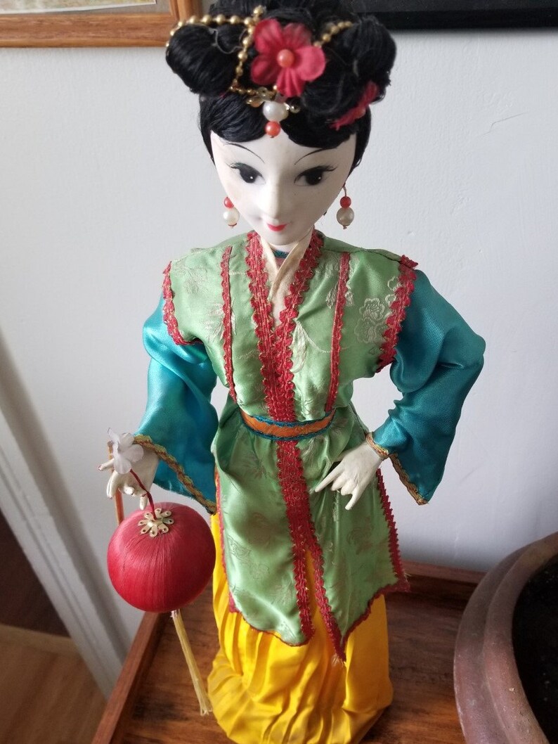 Chinese Doll, 1990's Colorful Chinese Doll, Asian Doll, Tall Asian Doll, Vintage Asian doll, Chinese doll with pom pom image 6