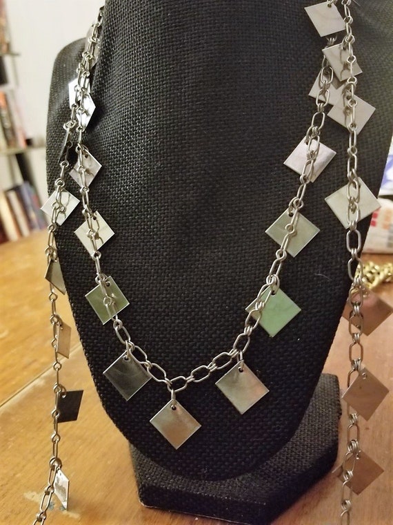 Long silver metal diamond shape charms necklace, l