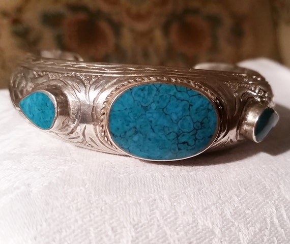 Engraved Sterling Cuff, Turquoise Sterling Cuff, Thick Sterling Cuff, Thick Sterling bracelet, Thick Turquoise Bracelet, Thick Engraved Cuff