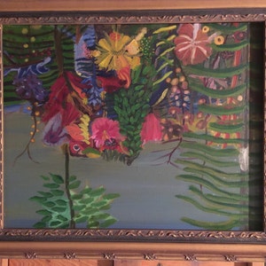 May include: A framed painting depicting a lush, tropical scene with vibrant flowers in shades of red, pink, and yellow. The flowers are surrounded by green foliage and a blue sky in the background.