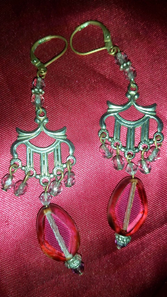 Victorian Style Pink Chandelier Drop Earrings, Pi… - image 2