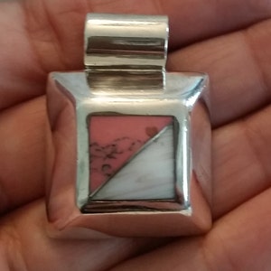 Vintage Pink and White Limestone Sterling Silver Square Pendant, pink limestone sterling pendant, white limestone pendant, pink limestone