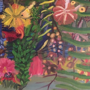 May include: A colorful abstract painting featuring a variety of flowers and foliage in shades of red, yellow, green, blue, and pink. The painting has a textured, brushstroke style.
