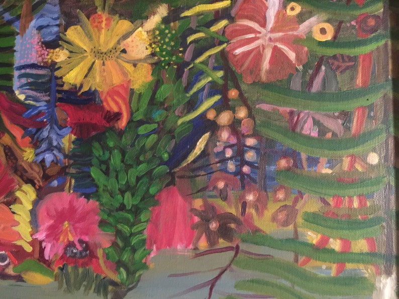 May include: A colorful abstract painting featuring a variety of flowers and foliage in shades of red, yellow, green, blue, and pink. The painting has a textured, brushstroke style.
