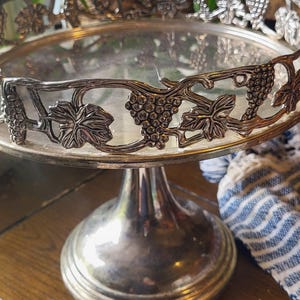 Vintage Silver Plated Cake Pedestal Serving Platter With Grape Design, silver plated cake stand