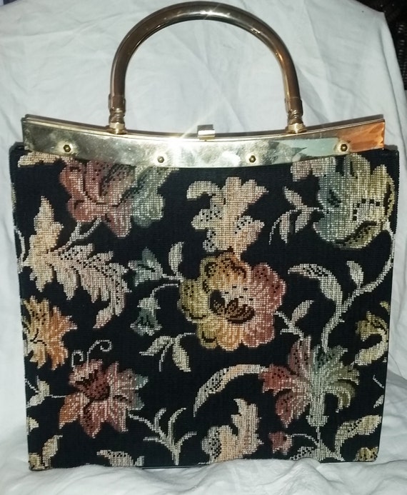 Large Floral Black Tapestry Top Handle Handbag, 19