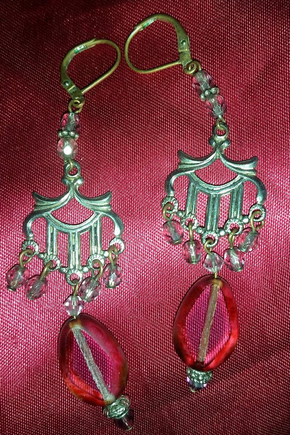 Victorian Style Pink Chandelier Drop Earrings, Pi… - image 5