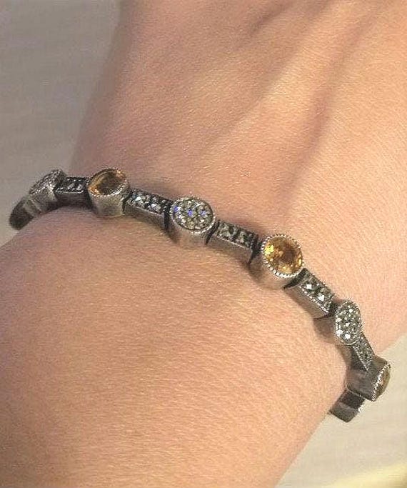 Price Reduced!! Vintage Judith Jack Sterling Citrine and Marcasite Tennis Bracelet, Art Deco Citrine Marcasite Tennis bracelet, Judith Jack