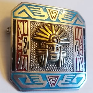 Dipinto a mano Unisex Vintage Sterling Square Spilla peruviana, 1940 Incan God Pin, Perù Spilla, dipinto sterling pin peruviano, Incan Dio