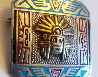 Hand-painted Unisex Vintage Sterling Square Peruvian brooch/pin, 1940's Incan God Pin, Peru Brooch, painted sterling Peruvian pin, Incan God
