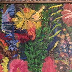 May include: A close-up of a painting featuring a vibrant floral arrangement. The painting features a variety of flowers in shades of red, yellow, blue, and green. The flowers are painted in a loose, expressive style, with visible brushstrokes.