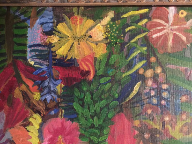 May include: A close-up of a painting featuring a vibrant floral arrangement. The painting features a variety of flowers in shades of red, yellow, blue, and green. The flowers are painted in a loose, expressive style, with visible brushstrokes.