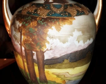 Handpainted Nippon Vase With Gold Trim and Outdoor Scene