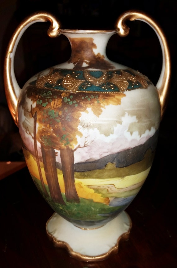 Handpainted Nippon Vase With Gold Trim and Outdoor Scene