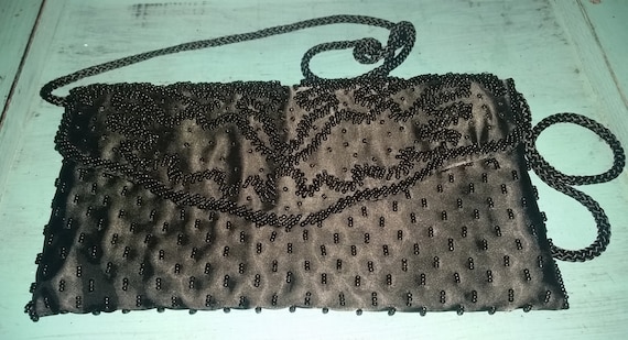 Formal black rectangular beaded evening bag with … - image 1