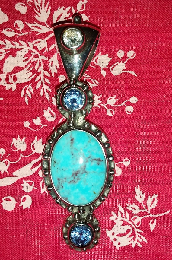 Long Turquoise and blue topaz pendant, blue topaz 