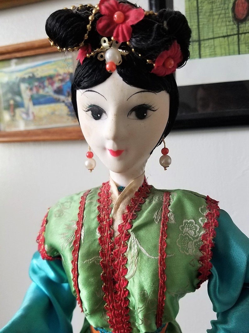 Chinese Doll, 1990's Colorful Chinese Doll, Asian Doll, Tall Asian Doll, Vintage Asian doll, Chinese doll with pom pom image 1