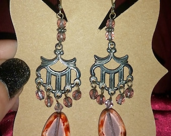 Victorian Style Pink Chandelier Drop Earrings, Pink Boho earrings, Pink Victorian earrings, Pink Drop Earrings, Victorian Style Earrings