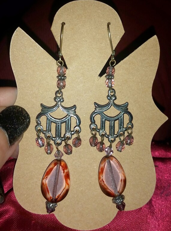 Victorian Style Pink Chandelier Drop Earrings, Pi… - image 1