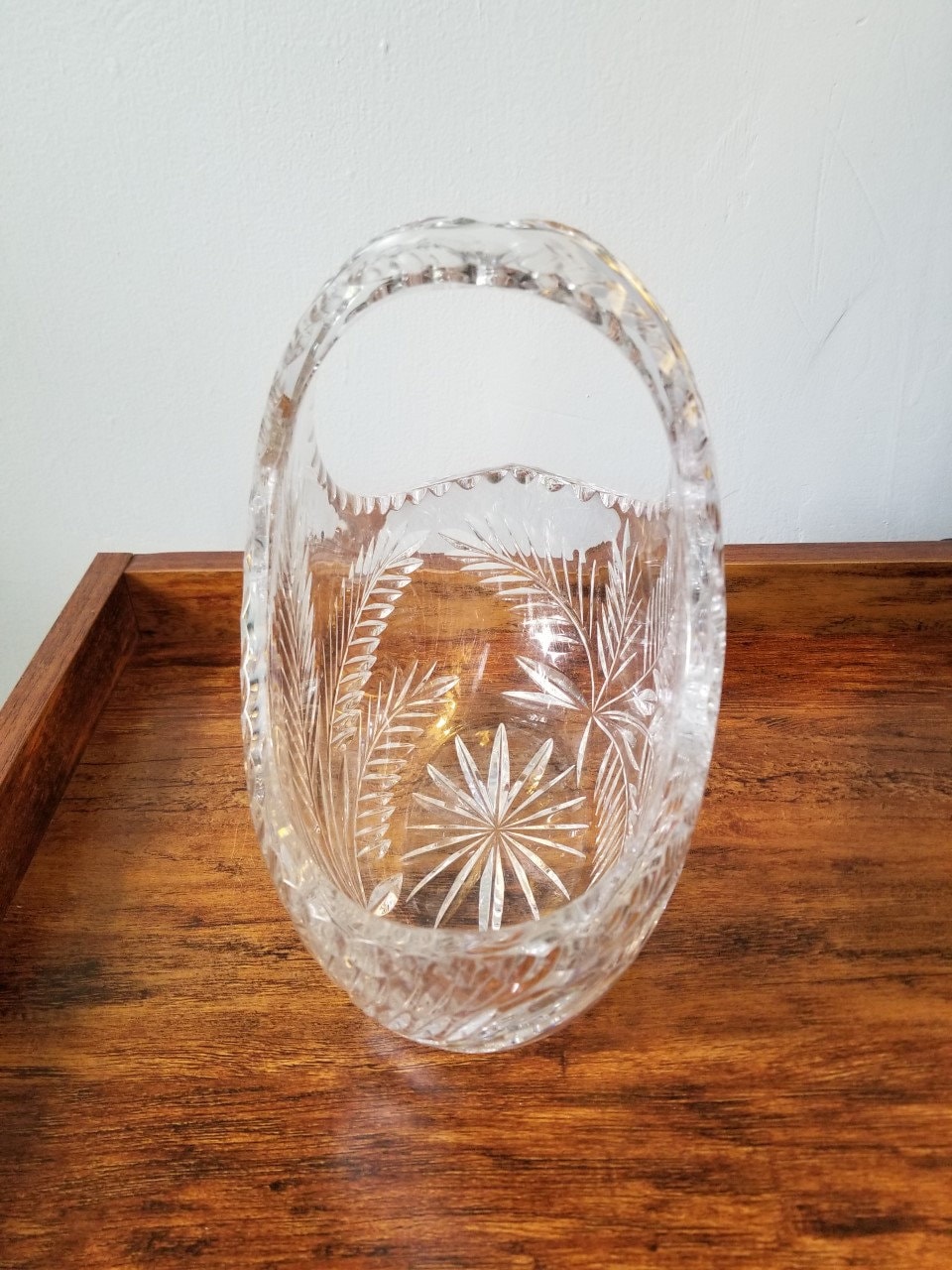 Small Cut Crystal Basket With Handle, Waterford Style Crystal Basket