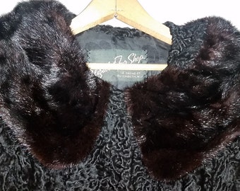 Elizabeth Fur Shop, Black Persian Lamb Long fur Coat, Brown Mink fur collar, 1950's Fur Coat, Vintage Persian Lamb, Persian Lamb Coat
