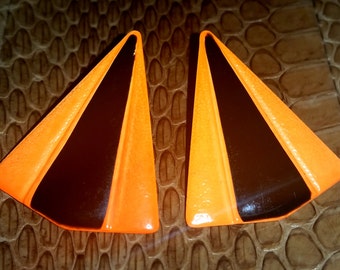 1980's Triangle Earrings, Fluorescent Orange with Black Stripe earrings, fluorescent orange triangle earrings, triangle earrings, orange