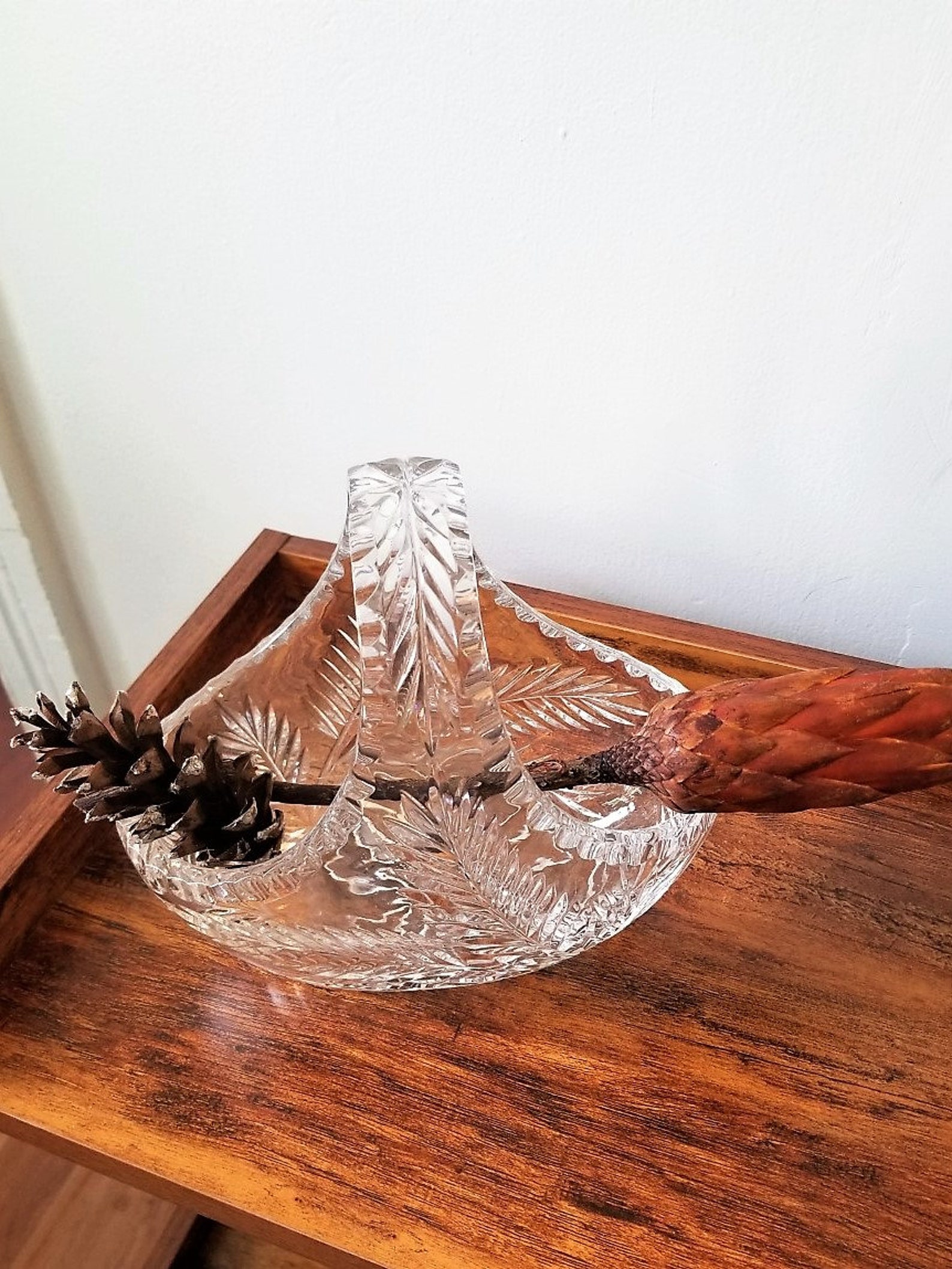 Small Cut Crystal Basket With Handle, Waterford Style Crystal Basket