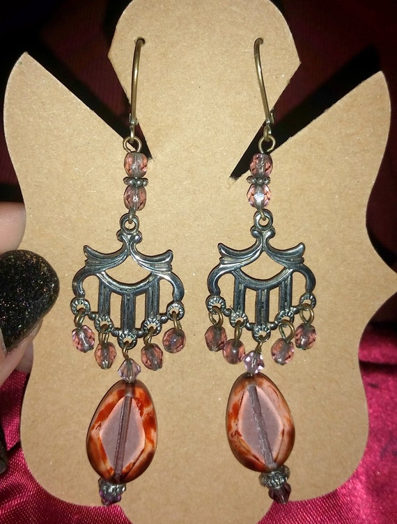 Victorian Style Pink Chandelier Drop Earrings, Pi… - image 4
