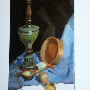 Preis reduziert! Original Öl auf Leinwand, Original Stillleben, Malerei der Lampe Obst Schale Löffel, Original Stillleben, Realismus Ölgemälde