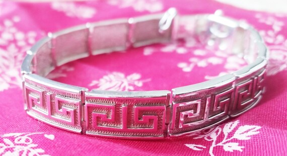 Greek Key Sterling Link Bracelet with clasp, Ster… - image 4