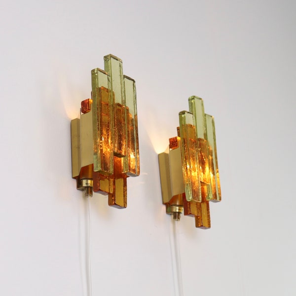 A pair of green & cognac-colored glass Holm Sorensen style wall lamps by Avialight  | 1970s | Denmark