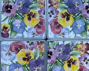 Pansy Handmade Wood Coaster Set of 4 Decoupage Housewarming Water Resistant Spring Flowers Protect Furniture Gift Christmas Holiday Gift