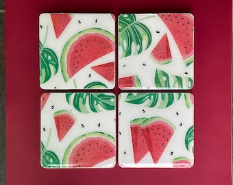 Watermelon Handmade Coasters Set of 4 Decoupage Napkin Epoxy Great Gift House Warming Birthday P Party Fruit Lover Holiday Dazzler Gift