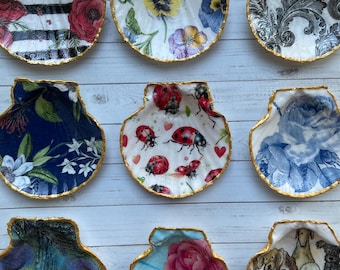 Decoupage Authentic SCALLOP  SEASHELL Blue Floral Gold  NAPKIN Trinket Ring Jewelry Dish Handmade Bridal Valentine's Love Wedding Birthday
