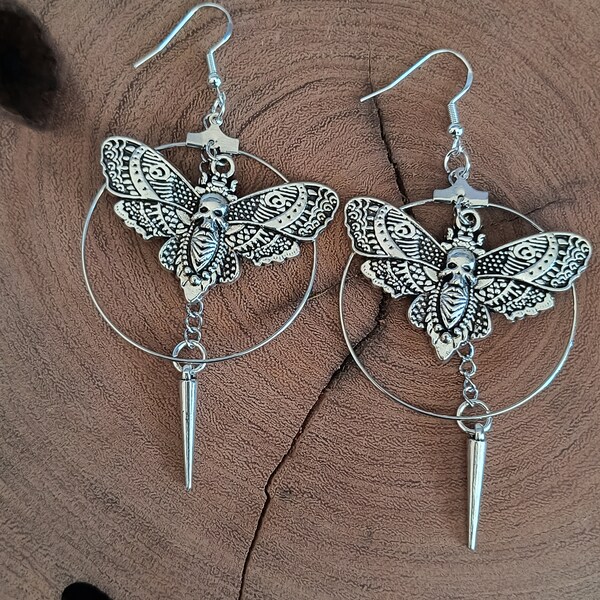 Dead Head Moth Hoops - Alternative Jewelry - Gothic Earrings - Witch Dangle Earrings - Insect Jewelry - Death Head Moth