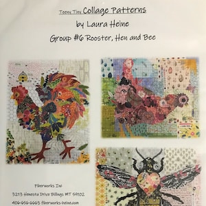 Laura Heine Teeny Tiny Group #6 Fabric Collage Pattern (Rooster, Hen and Bee)