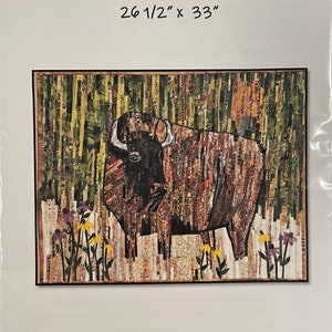 May include: A collage artwork titled "August" depicting a brown and black bison standing in a field of green and yellow flowers. The artwork is titled "The Minneopa Bison" and measures 26 1/2 inches by 33 inches. The artist's name and the year 2019 are also included in the image.
