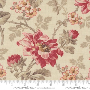 May include: Floral fabric with a cream background and a repeating pattern of large red and pink flowers, along with smaller peach-colored blossoms. The design includes brown stems and leaves, creating a vintage aesthetic. The fabric has a ruler at the bottom with the word "moda" printed on it.