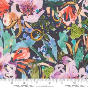 May include: A watercolour floral fabric featuring a dark blue background with abstract floral designs in shades of pink, purple, teal, and gold. The fabric has a repeating pattern and is perfect for quilting, apparel, and home decor projects.