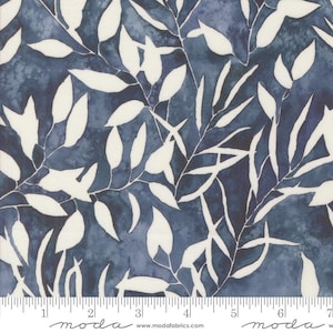 May include: Dark blue fabric featuring a white leaf design. The leaves vary in shape and size, forming a natural, botanical pattern. The fabric has a textured look, with a subtle watercolour effect. The fabric is measured in inches.