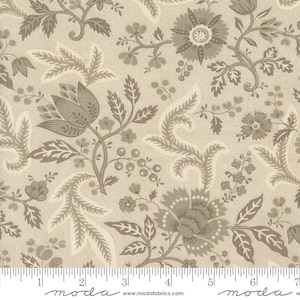 May include: A beige fabric with a repeating pattern of gray floral designs. The fabric features a variety of flowers, leaves, and vines. The pattern is intricate and detailed, and the colors are soft and muted.
