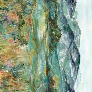 May include: An abstract painting with a vertical composition. The left side features a vibrant display of green foliage, interspersed with red and purple flowers. The right side shows a light blue, possibly representing sky or water.