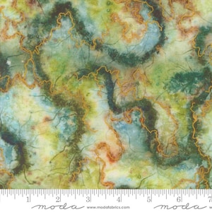 May include: Abstract fabric with a green, blue, and yellow watercolour design. The fabric has a mottled appearance with gold lines throughout.