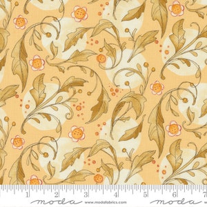 May include: A beige fabric with a repeating pattern of brown leafy vines and small orange flowers. The background is a light beige with white circles.