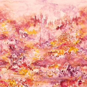 May include: Abstract watercolor painting with a pink, orange, and yellow color scheme. The painting features a variety of shapes and textures, creating a sense of depth and movement.